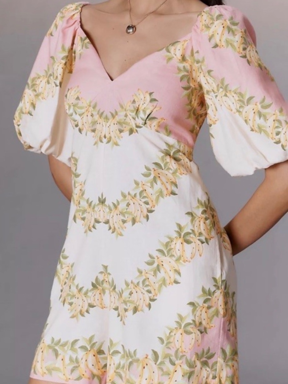 NWT Anthropologie FARM Rio Linen Blend Puff Sleeve Romper Bananas Pink